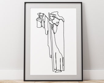 Hermit tarot minimalist single line art drawing digital download printable aesthetic apartment decor major arcana modern black and white