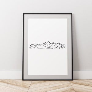 Grand Tetons minimalistische One Line Zeichnung digital download druckbare Kunst Nationalpark Outdoor Wandern ästhetische Berge Wohnung Dekor