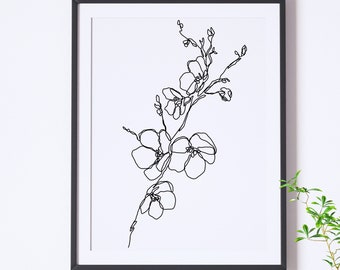 Cherry blossom single line drawing digital download minimalist art botanical nature print black and white floral flowers sweet pea branch