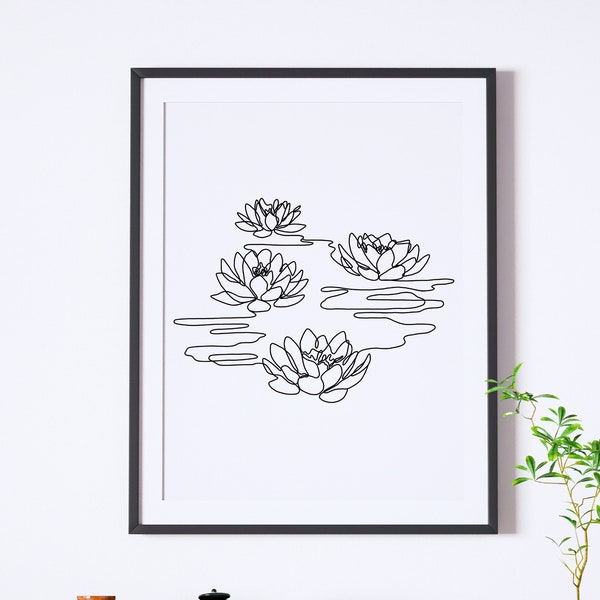 Water lilies single line drawing digital download wall art botanical nature print black and white floral flowers lotus on water pond