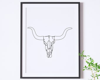 Cow skull one line drawing minimalist digital art download printable wall art apartment decor black and white single line modern western