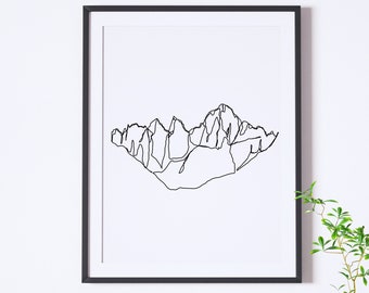 Mt. Whitney minimalist one line drawing digital art download printable outdoor aesthetic nature hiking apartment decor 14er black and white