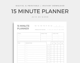 15 Minute Planner, Pomodoro Tracker, Time Management, Productivity Planner, Work Organization, To Do List, Daily Pomodoro Time, A4/A5, PDF