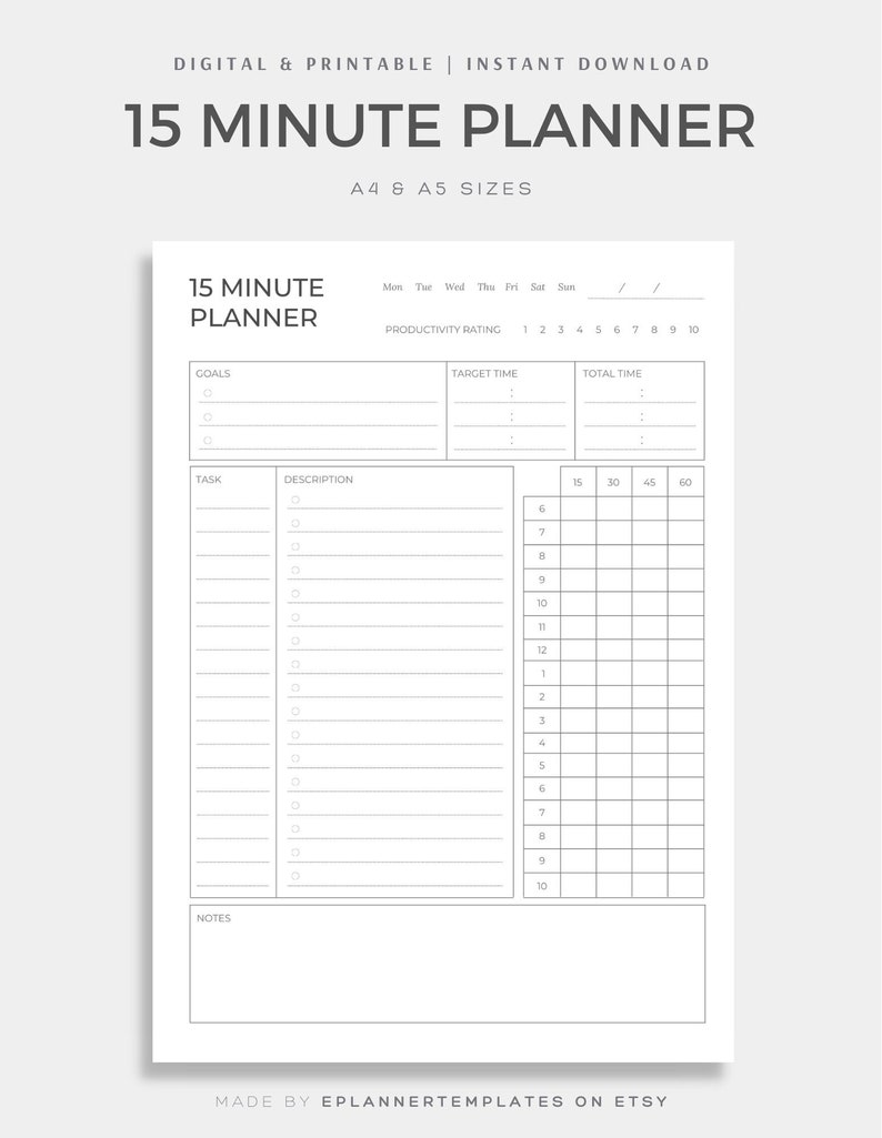 15 Minute Planner, Pomodoro Tracker, Time Management, Productivity ...