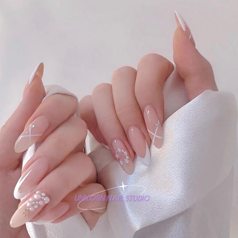 Nude French Nails Design Pearl False Nail | Translucent Pure Gentle Cute Hand-Painted Nails | Press On Nails | French Nails | Girls Power 