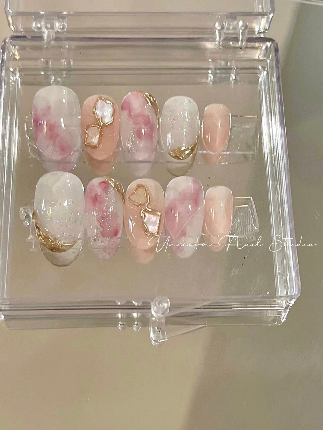 Milky White/pink Sea Shell Press on Nails Golden Shiny - Etsy