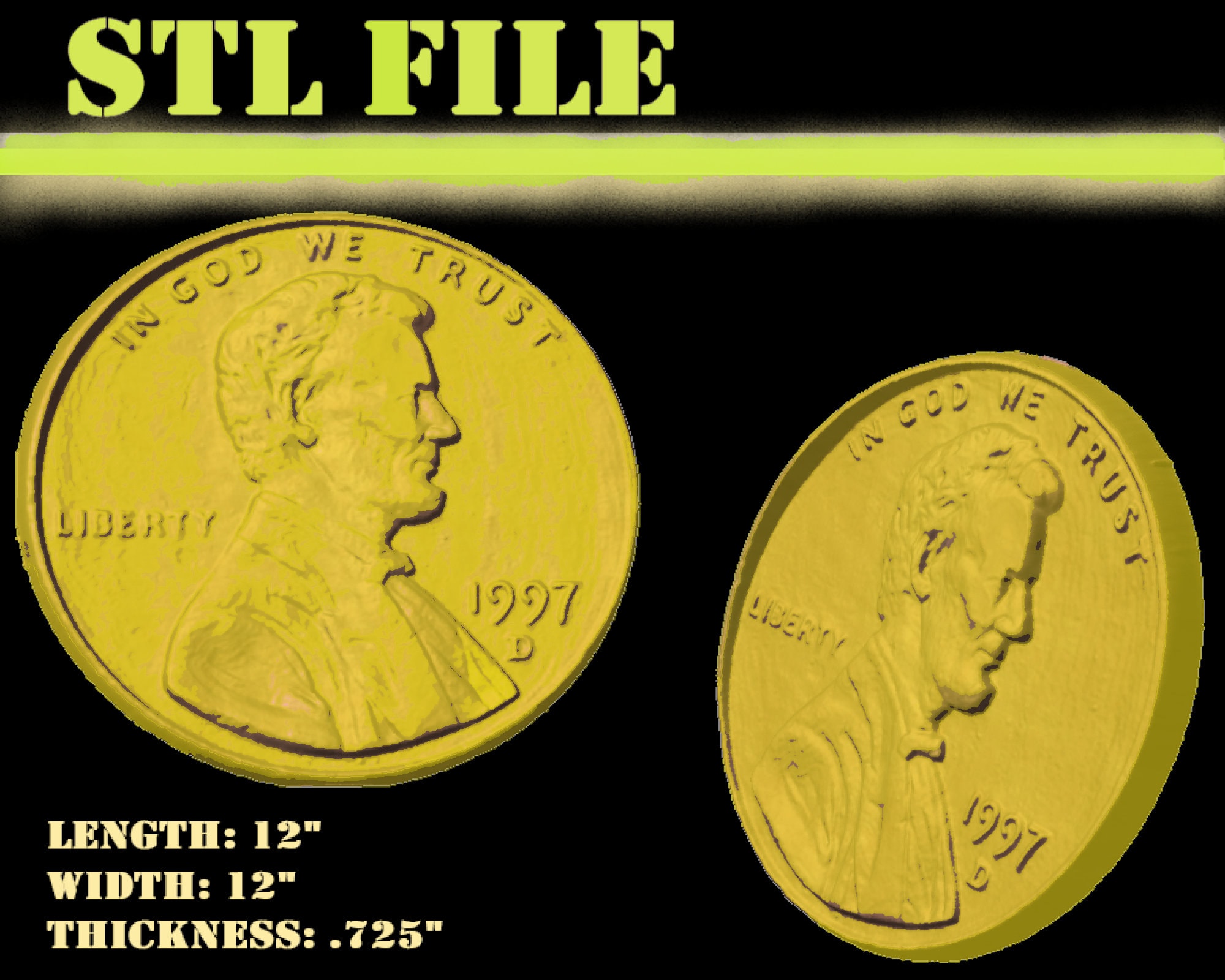 Penny 3D Render STL File for CNC Router, STL Engraving File for a Penny