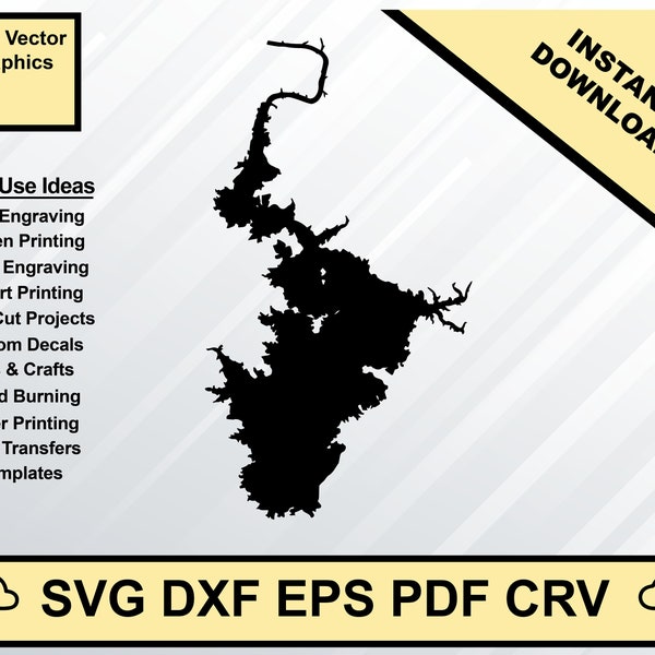 Lake Buchanan Texas Map Silhouette Shape svg dxf pdf eps crv vector graphic design, Laser File, Screen Printing File, CNC Cut File
