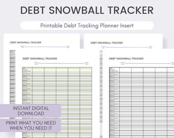 Op de afbeelding: Printbare debt snowball tracker planner insert met twee pagina's. Elke pagina heeft een tabel met kolommen voor saldo, rentepercentage, minimale betaling, extra betaling en totale betaling. De tekst "Direct digitaal downloaden" en "Print wat je nodig hebt wanneer je het nodig hebt" staat op de linkerpagina. De tekst "Beschikbaar in US Letter, A4, A5 formaten" en "Betaal je schulden af met de Debt Snowball-methode" staat onderaan de pagina.