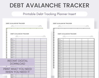 May include: Printable debt avalanche tracker planner insert with four pages. The pages are divided into sections with headings such as "Debt", "Balance", "Interest Rate", and "Minimum Payment". The text "Instant Digital Download" and "Print What You Need When You Need It" is on the page.