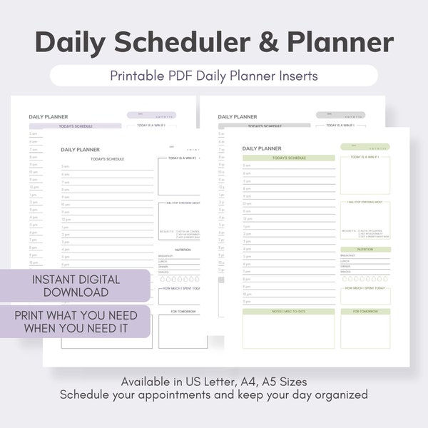 2023 Printable Daily Planner | Undated Filofax Schedule Insert | Instant Digital Download PDF | US Letter, A4, A5 | Meal & Spending Tracker
