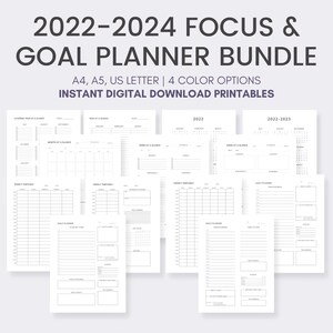 2022-2024 Minimalista sin fecha Objetivo y enfoque Paquete de planificador imprimible / Daily Weekly Monthly Annual Printable PDFs / A4 A5 US Letter Inserts