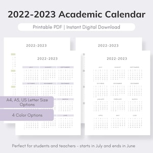 Könnte beinhalten: Druckbarer akademischer Kalender für das Schuljahr 2022-2023. Der Kalender ist in den Formaten A4, A5 und US Letter erhältlich und in vier Farboptionen verfügbar. Der Kalender beginnt im Juli und endet im Juni.