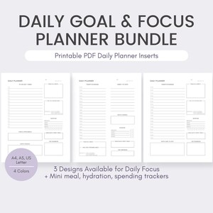 Minimalist Daily Focus Planner Printable, Goal Planner, Meal Tracker | Filofax Inserts | Instant Digital Download PDF | US Letter, A4, A5 |