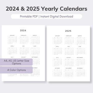 Calendario anual 2024 y 2025 imprimible, Calendario minimalista / Planificador anual FiloFax Insert / Descarga digital instantánea / Carta de EE. UU., A4, A5