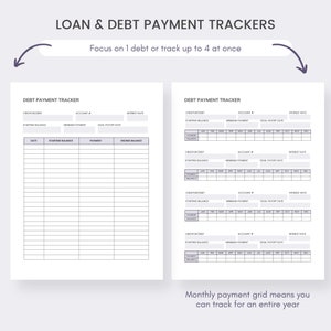 May include: Two white pages with debt payment tracker templates. The top text reads "LOAN & DEBT PAYMENT TRACKERS" and "Focus on 1 debt or track up to 4 at once." One template is a list, the other is a monthly grid.