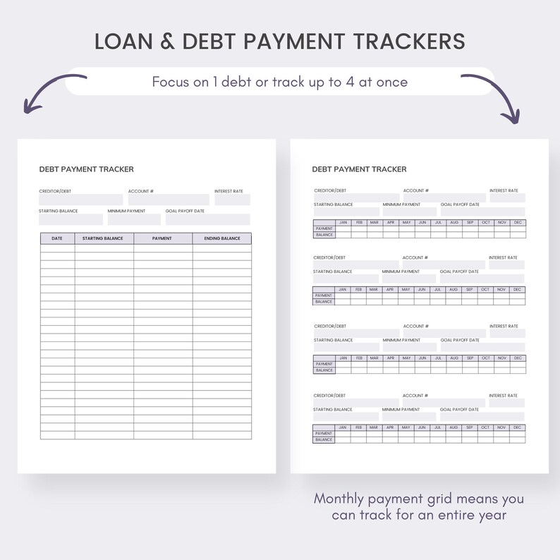 May include: Two white pages with debt payment tracker templates. The top text reads "LOAN & DEBT PAYMENT TRACKERS" and "Focus on 1 debt or track up to 4 at once." One template is a list, the other is a monthly grid.