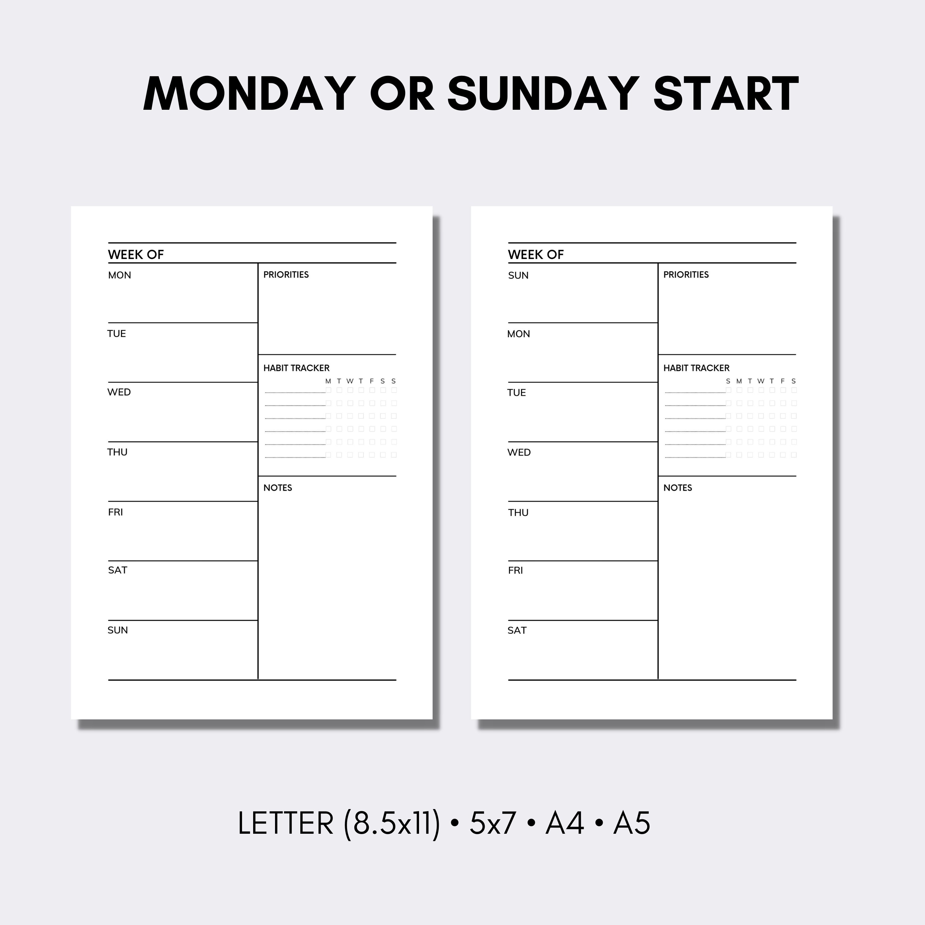 Weekly Planner | Habit Tracker | Printable PDF Insert | Undated ...