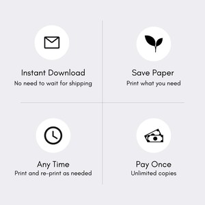 May include: A graphic with four circular icons and text. The icons represent an envelope, leaves, a clock, and money. Text includes "Instant Download," "Save Paper," "Any Time," and "Pay Once," with additional descriptive text below each.