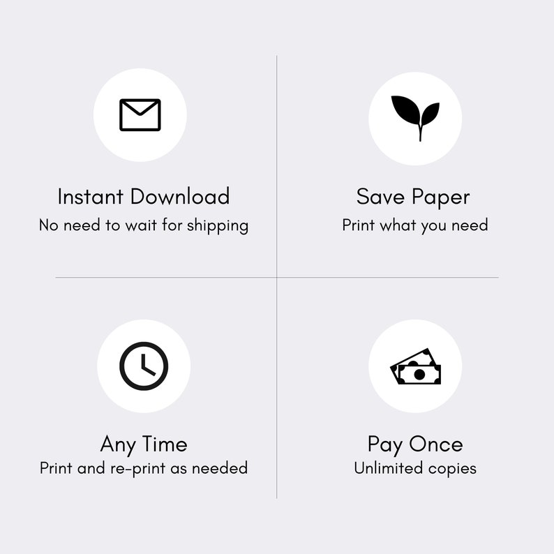May include: A graphic with four circular icons and text. The icons represent an envelope, leaves, a clock, and money. Text includes "Instant Download," "Save Paper," "Any Time," and "Pay Once," with additional descriptive text below each.