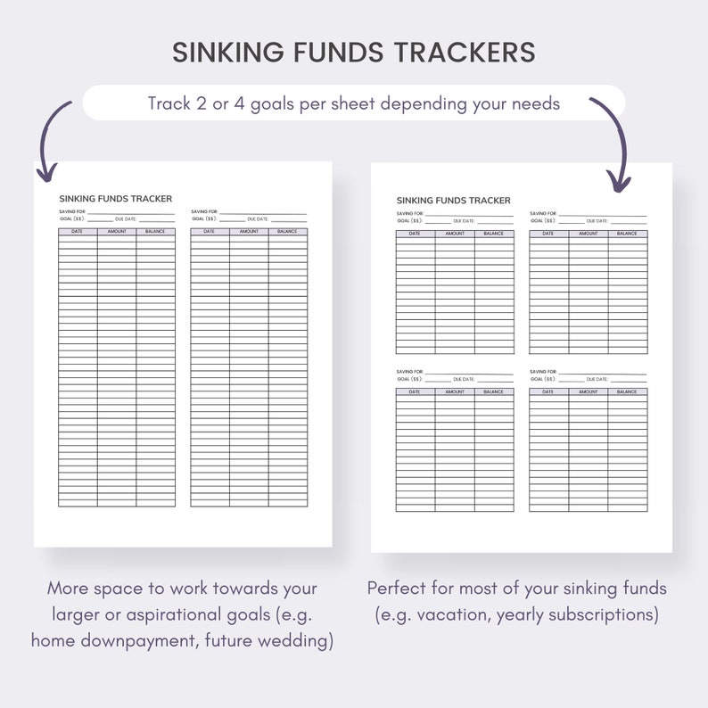 May include: Two white Sinking Funds Trackers with the text "SINKING FUNDS TRACKERS" at the top. The trackers have spaces to track savings goals, due dates, amounts, and balances. The text "Track 2 or 4 goals per sheet depending your needs" is also visible.