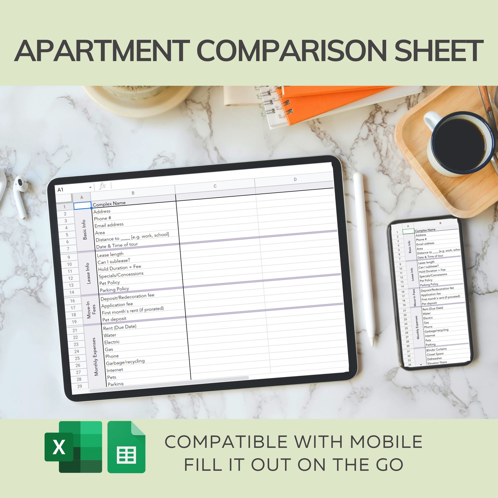 Apartment Comparison Spreadsheet Housing Search Planner Etsy