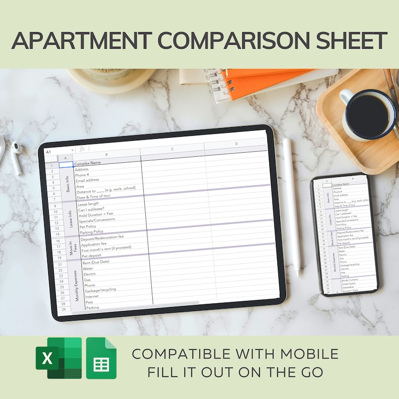 Apartment Comparison Spreadsheet Housing Search Planner Etsy