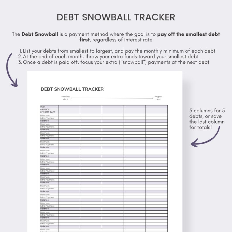 May include: A white printable debt snowball tracker with the title "DEBT SNOWBALL TRACKER" at the top. The tracker includes instructions and a table with columns for debt information. The text explains how to pay off debts.