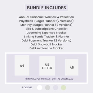 May include: A digital financial planner bundle includes an annual financial overview, budget planners, expense trackers, and debt trackers. The image shows A4, US Letter, and A5 paper sizes. The text reads "Bundle Includes" and "Printable PDF Format | Digital Download."