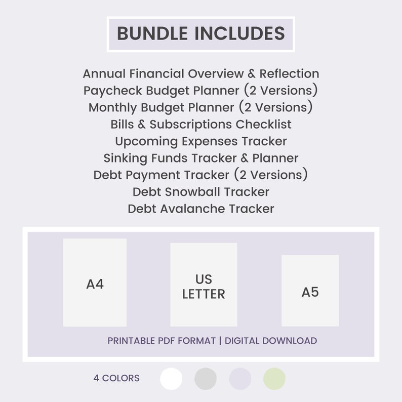 May include: A digital financial planner bundle includes an annual financial overview, budget planners, expense trackers, and debt trackers. The image shows A4, US Letter, and A5 paper sizes. The text reads "Bundle Includes" and "Printable PDF Format | Digital Download."