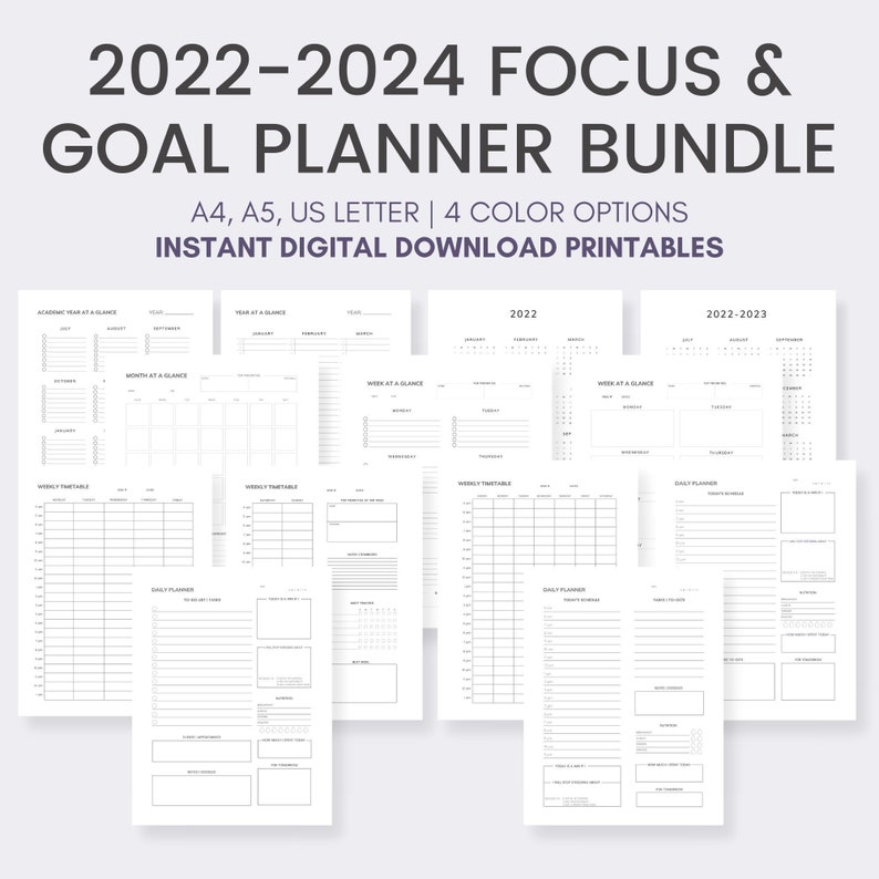 20222024 Minimalist Undated Goal & Focus Printable Planner Bundle