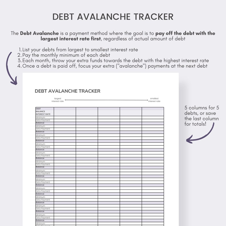 May include: A printable debt avalanche tracker with the title "DEBT AVALANCHE TRACKER" at the top. The tracker includes columns for debt, interest rate, minimum payments, extra payments, and balance. Instructions are included.