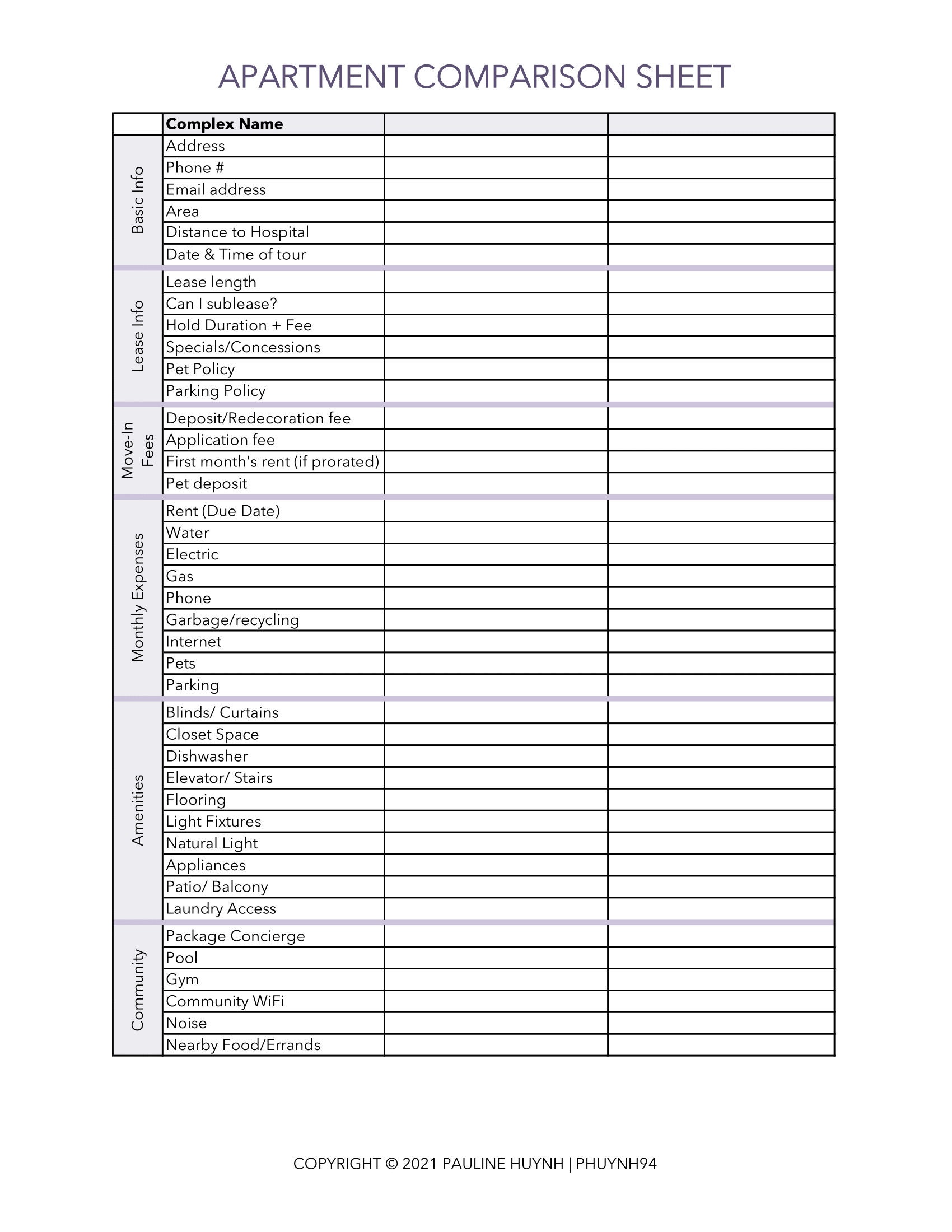 Apartment Comparison Worksheet Housing Search Planner Rent Comparison