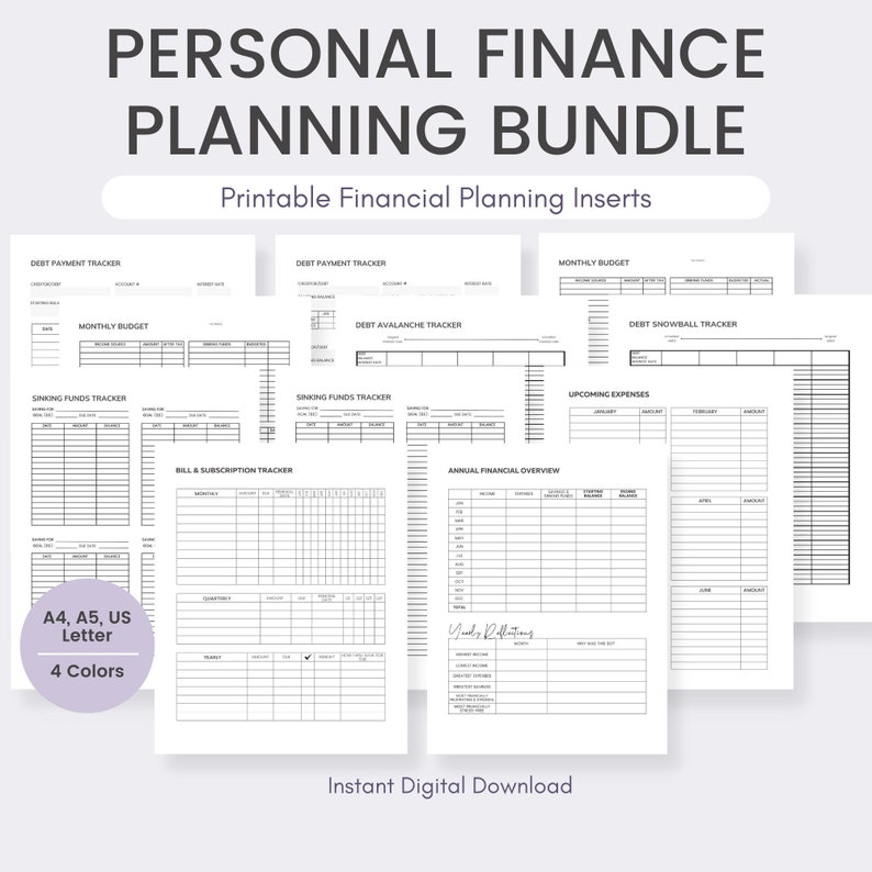 May include: A collection of printable financial planning inserts, including debt payment trackers, monthly budget sheets, and sinking funds trackers. The bundle includes A4, A5, and US Letter sizes in 4 colors. Text on the image reads "PERSONAL FINANCE PLANNING BUNDLE".