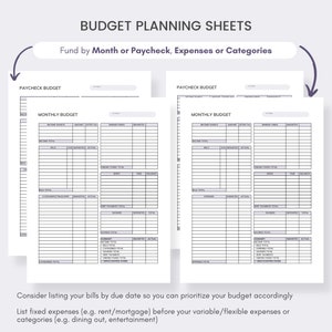 May include: Budget planning sheets with sections for paycheck and monthly budgets. The sheets include spaces for income, expenses, savings, and debt. Text on the sheets includes "Fund by Month or Paycheck, Expenses or Categories". Additional text advises listing bills by due date.