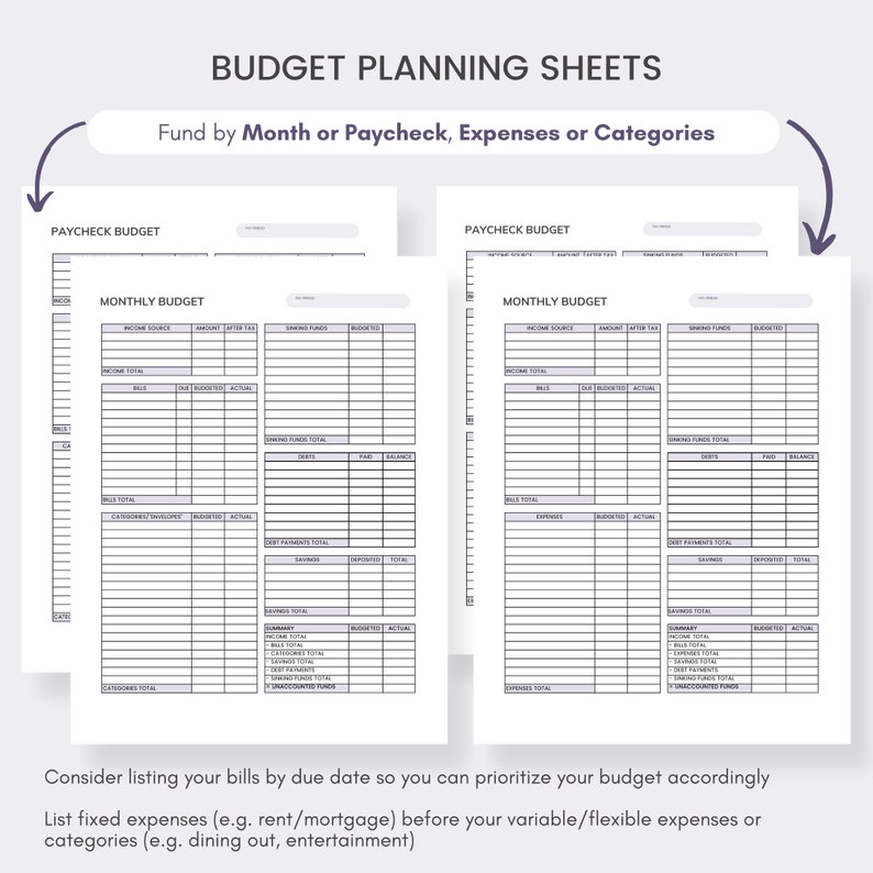 May include: Budget planning sheets with sections for paycheck and monthly budgets. The sheets include spaces for income, expenses, savings, and debt. Text on the sheets includes "Fund by Month or Paycheck, Expenses or Categories". Additional text advises listing bills by due date.