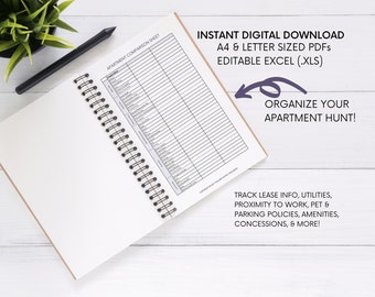 May include: A white spiral bound notebook with a black pen lying on top of it. The notebook is open to a page with a gridded chart titled "Apartment Comparison Sheet". The page is filled with text and numbers. The notebook is on a white wooden surface. The image also includes text that says "Instant Digital Download", "A4 & Letter Sized PDFs", "Editable Excel (.XLS)", "Organize Your Apartment Hunt!", and "Track Lease Info, Utilities, Proximity to Work, Pet & Parking Policies, Amenities, Concessions, & More!"
