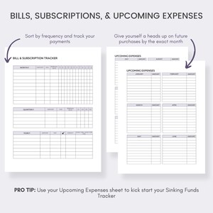 May include: Two white planner pages with the headings "BILLS, SUBSCRIPTIONS, & UPCOMING EXPENSES". One page is a bill and subscription tracker, and the other is an upcoming expenses tracker. The text "PRO TIP: Use your Upcoming Expenses sheet to kick start your Sinking Funds Tracker" is at the bottom.