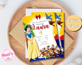 Könnte beinhalten: Eine Geburtstagseinladung mit Schneewittchen aus Disneys Schneewittchen und die sieben Zwerge. Die Einladung ist gelb mit einem roten und goldenen Rand. Sie lautet "Sie sind eingeladen, zu feiern: Laura 4" und enthält Details zur Party, einschließlich Datum, Uhrzeit und Ort.