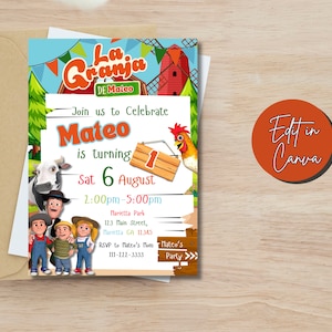 Invitación de cumpleaños de La Granja con descarga instantánea, invitación de cumpleaños de Zenón el Granjero, invitación de cumpleaños para fiesta en la granja, invitación de La Granja