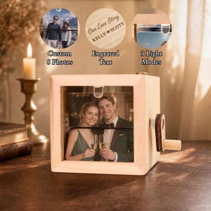 Individuell gestaltete Foto-Wendebox – Romantisches Weihnachtsgeschenk, Fotoalbum aus Holz mit Handkurbel, LED-Nachtlichtrahmen, Erinnerungsfoto-Wendebox