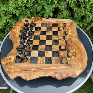 Houten schaakset handgemaakt van olijfhout, antiek schaakspel, kerstcadeau, voorstel stalknecht, groot bord (+ gratis houten bijenwas)