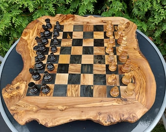 Holz Schach Set Handgemacht aus Olivenholz, Antikes Schachspiel, Weihnachtsgeschenk, Trauzeuge Antrag, Großes Brett (+Holz, Bienenwachs)