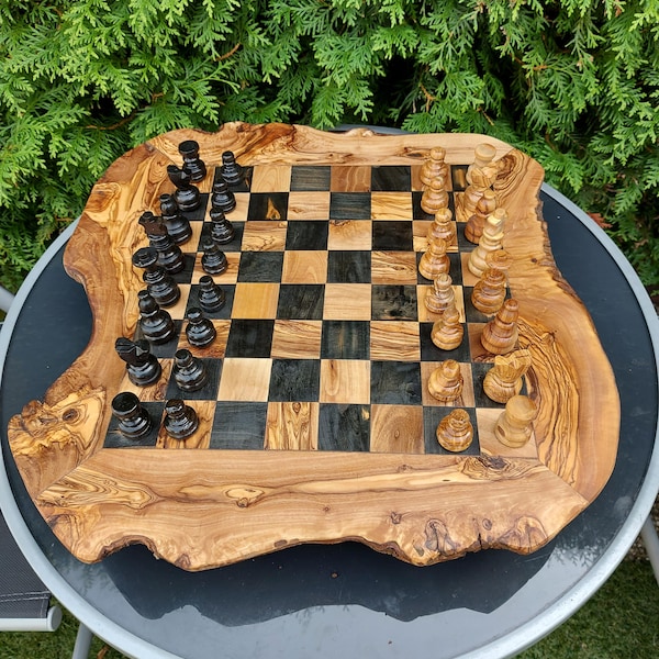 Drewniany zestaw szachowy, ręcznie wykonany z drewna oliwnego, antyczne szachy, prezent świąteczny, propozycja dla drużby, duża plansza (+ bezpłatny wosk pszczeli)