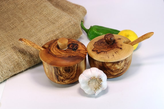 Set of 2 Salt Cellars with Spoon/Spice Jars with Lid and Spoon made of  Tunisian Olive Wood (+2 Small Spice Spoon & Free Wood Beeswax) - Artisraw