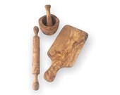 Set of wooden Utensils made of Tunisian Olive Wood Rolling Pin Mortar and Pestle Cutting Board