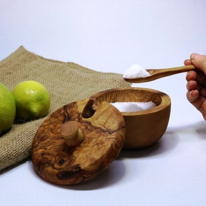 Olive Wood Salt Bowl with Lid /Salt Cellar with Spoon + Free Small Spice Spoon
