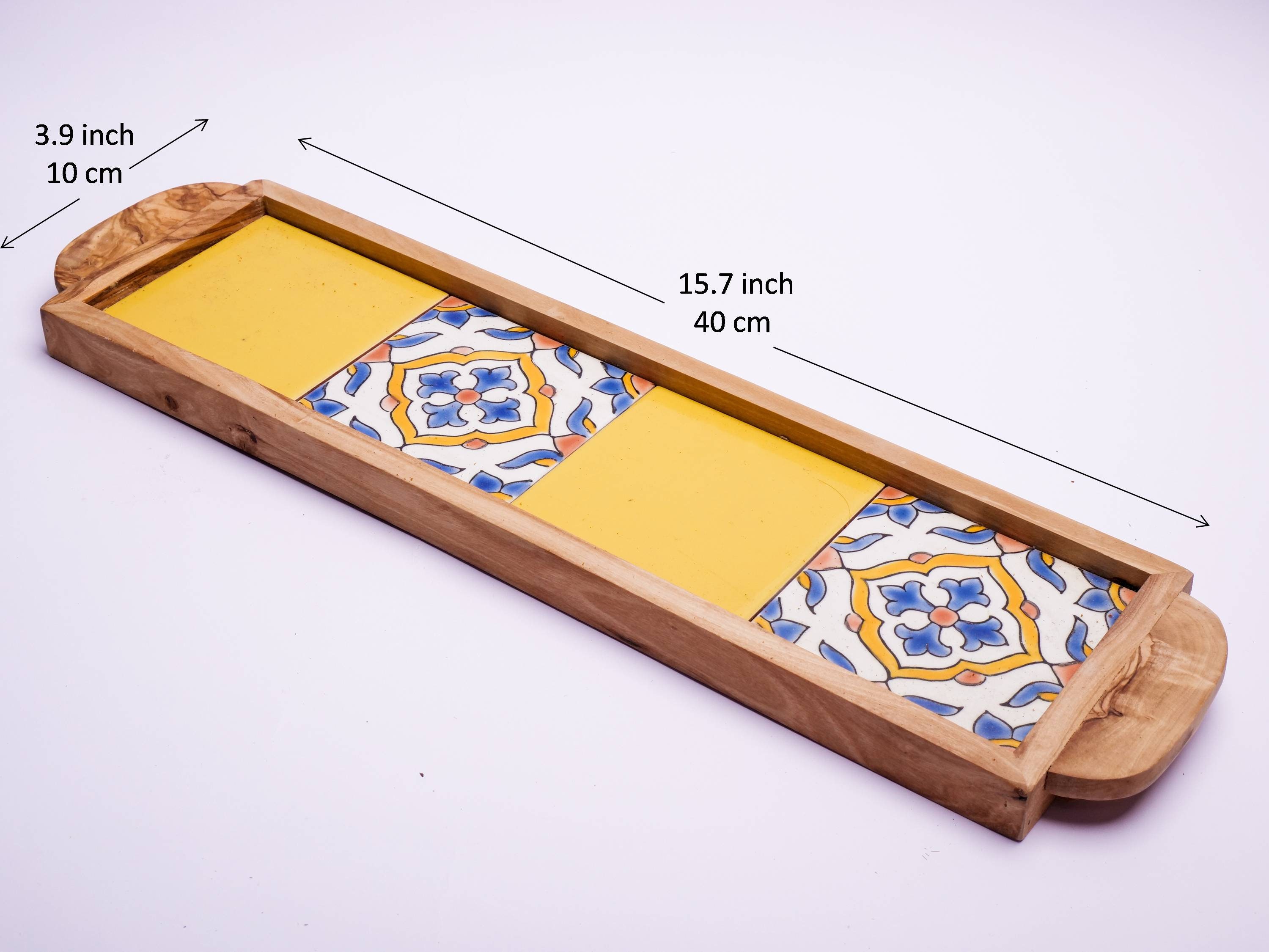 Vassoio Da Portata In Legno D'ulivo Artigianale - 42x27x4 Cm, Con Manici, Per Colazione, Tè, Cucina E Tavolo