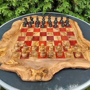 Red Wood Chess Set Handmade of Olive Wood, Antique Chess, Christmas Gift, Groomsman Proposal, Large Board (+Free Wood Beeswax)