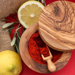 Olive Wood Salt Cellar With Lid and Spoon - BESTSELLER - Salt Keeper Spice Box, Wood Box, mother’s day, fathers day, gift for her ,him